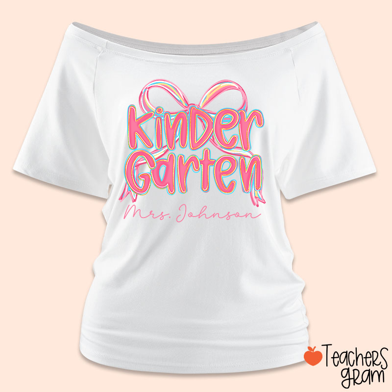 Personalized Grade Pink Bow Teacher Off Shoulder Shirt