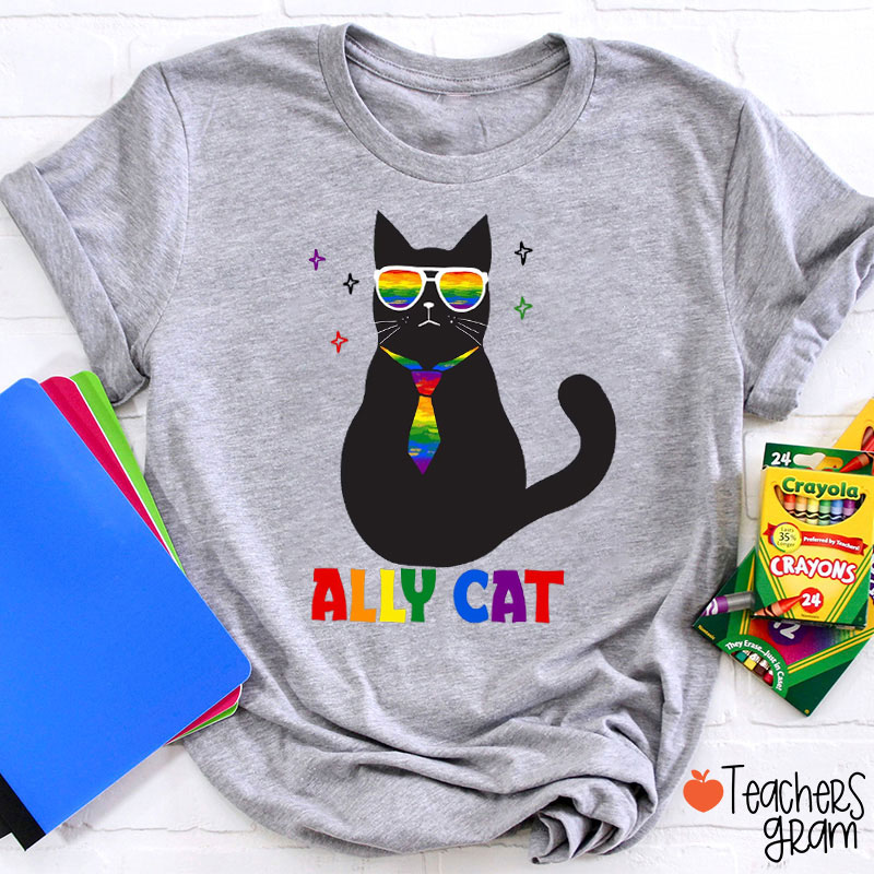 Black Ally Cat Rainbow Pride Teacher T-Shirt