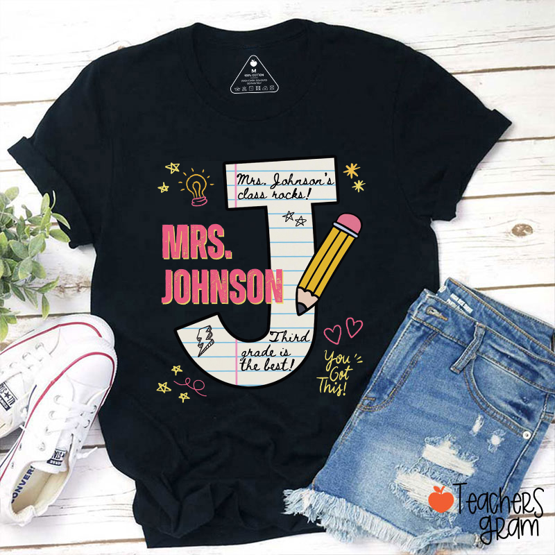 Personalized Grade Name Pencil Notebook Star Heart Teacher T-Shirt
