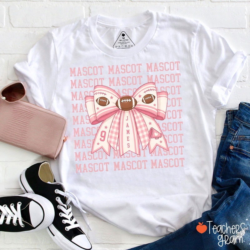 Personalized Mascot Gingham Bow Number Sport Teacher T‑Shirt