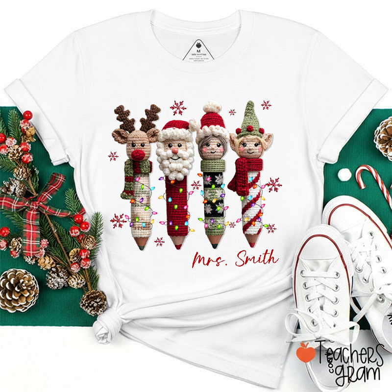 Personalized Name Faux Yarn Cute Santa Pecnil Teacher T-Shirt