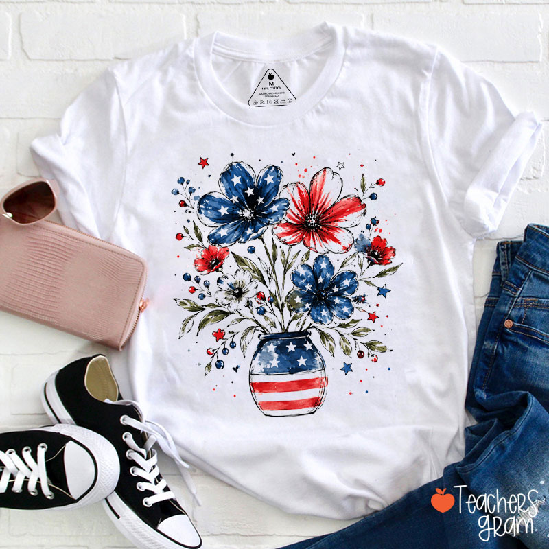 Watercolor American Flag Flower Teacher T-Shirt