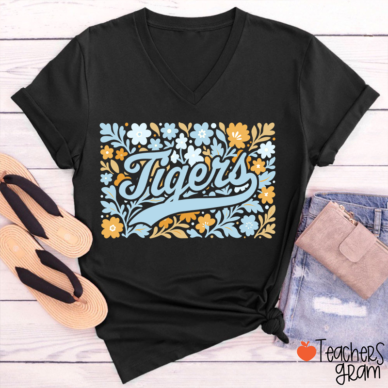 Personalized Mascot Contrast Color Line Teacher Female V-Neck T-Shirt