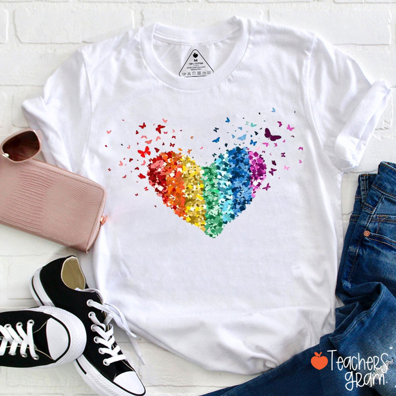 Rainbow Butterflies Heart Teacher T-Shirt