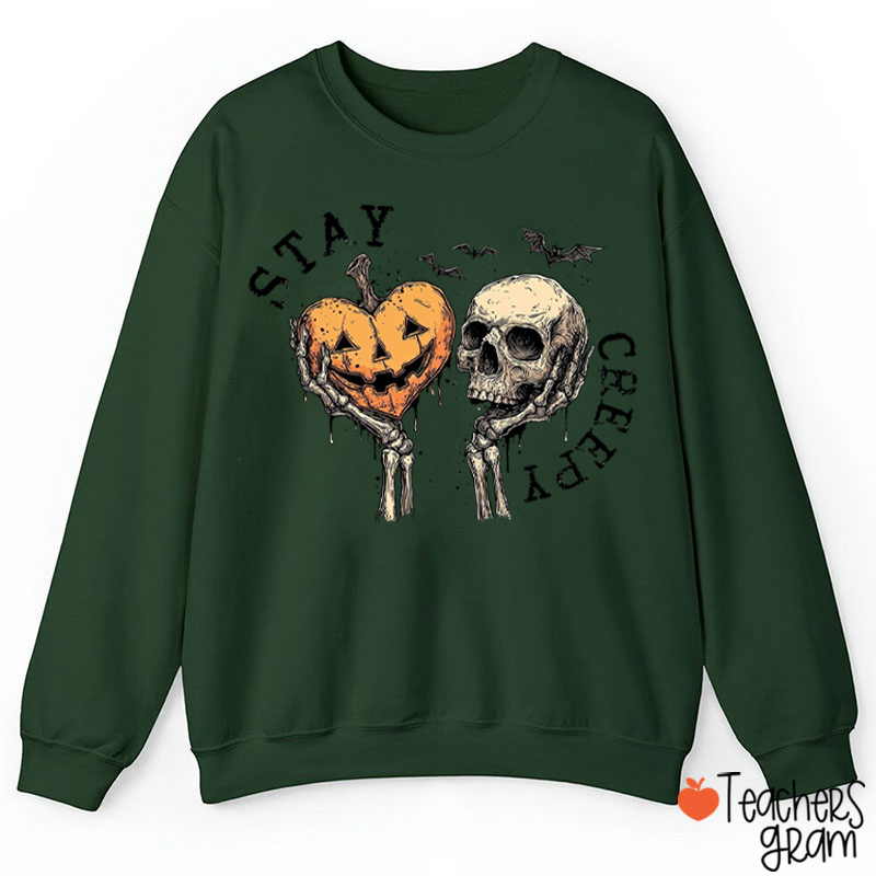 Stay Creepy Skeleton Hands Pumpkin Heart Bat Halloween Teacher Sweatshirt