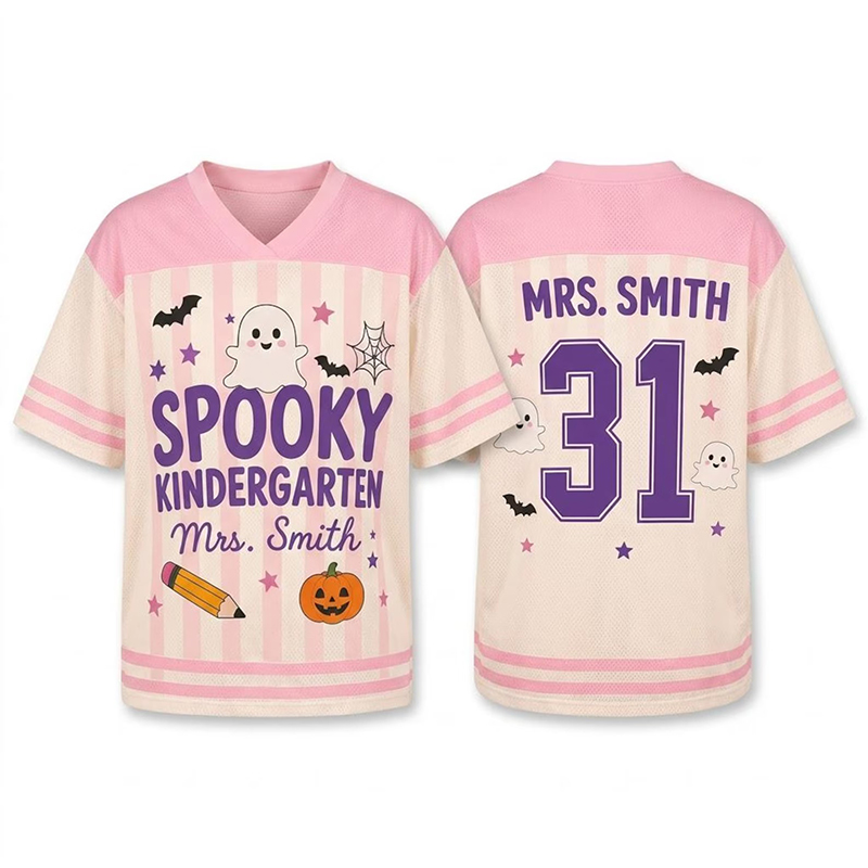Personalized Grade Name Number Halloween Ghost Striped Teacher Mesh Jersey