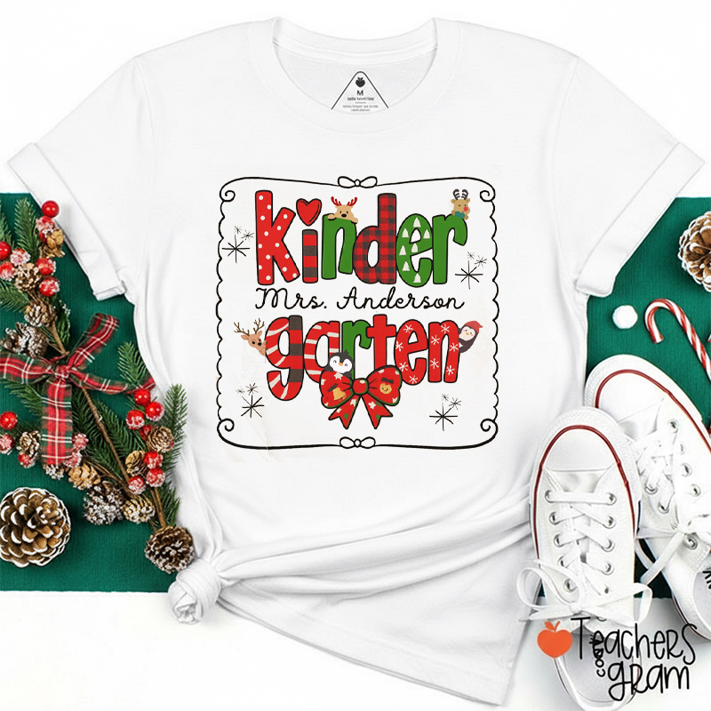 Personalized Name And Grade Christmas Bow Teacher T-Shirt