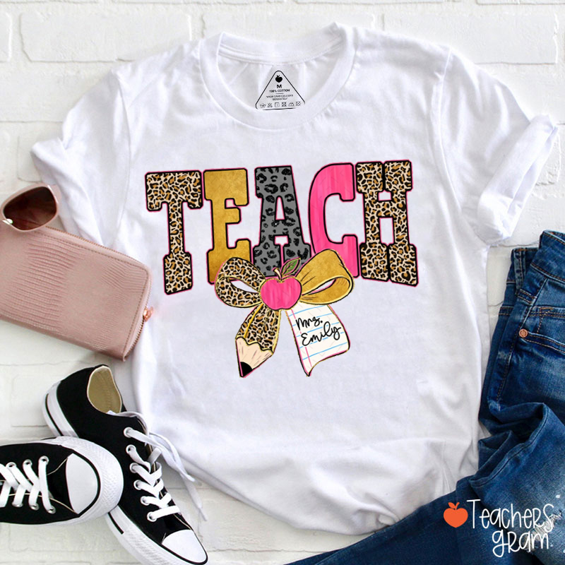 Personalized Wild Leopard Bow Tie Teacher T-Shirt
