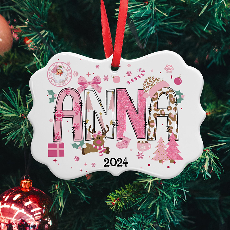 Personalized Name Pink Bow Christmas Tree Teacher Christmas Aluminum Ornament