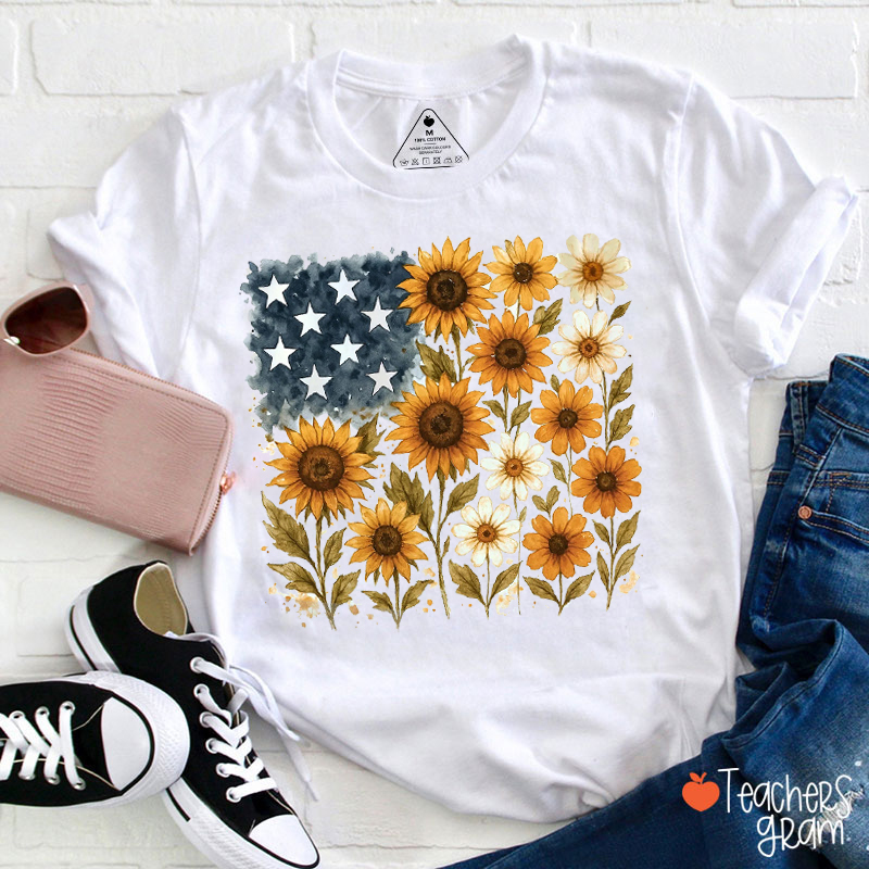 American Flag Sunflower Teacher T-Shirt