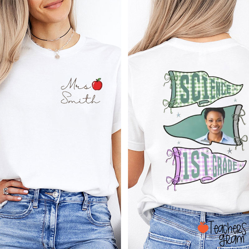 Personalized Name And Grade Plaids Pennants Bows Apple Teacher Two Sided T-Shirt