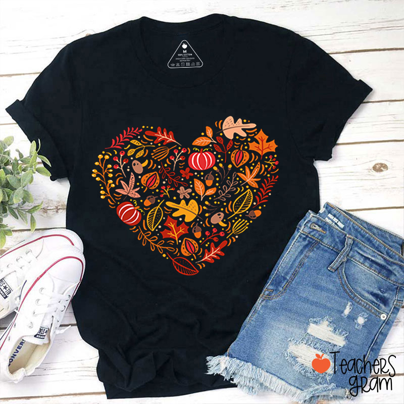 Fall Heart Pumpkin Leaves Teacher T-Shirt