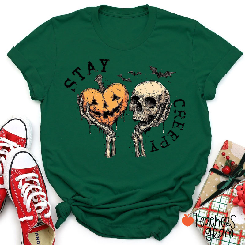 Stay Creepy Skeleton Hands Heart Pumpkin Bat Halloween Teacher T-Shirt