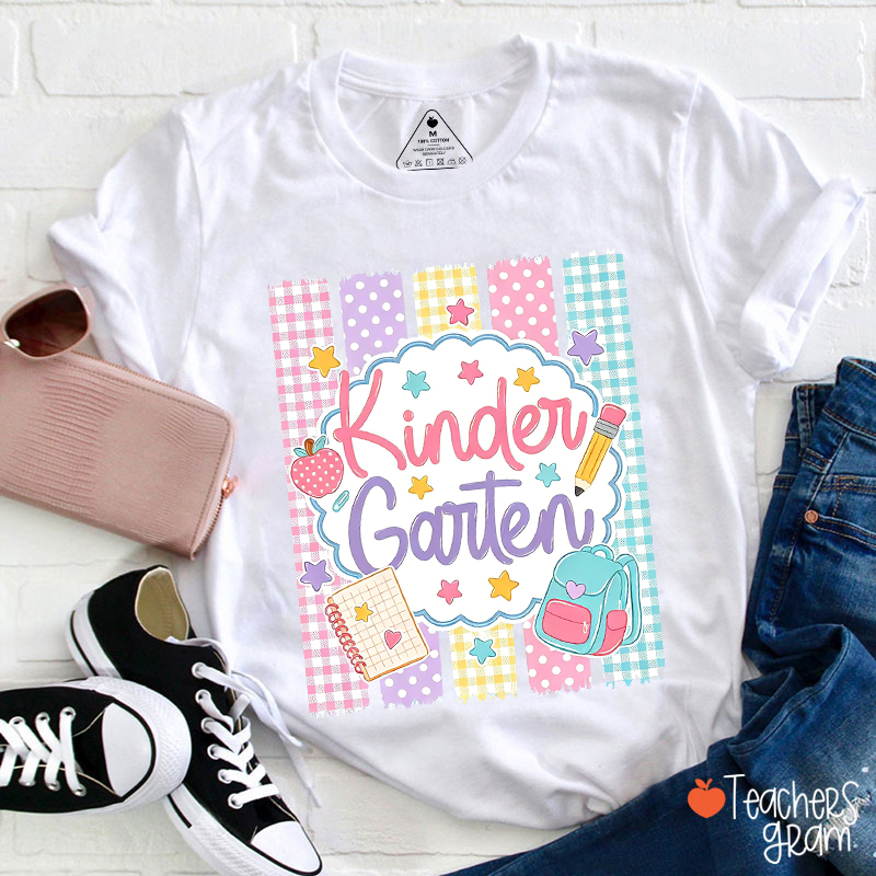 Personalized Cute Pastel Checkered Brushstroke Style Teacher T-Shirt