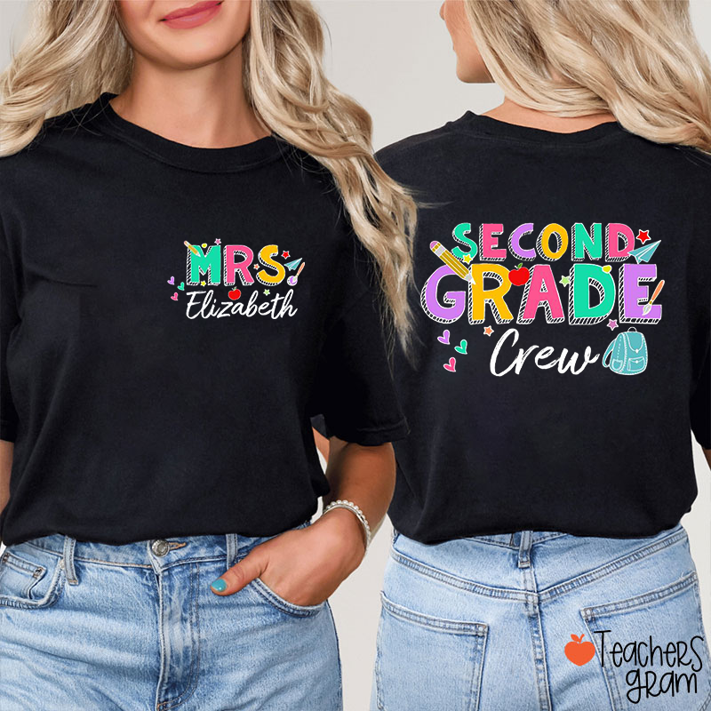 Personalized Grade Name Pencil Paper Plane Apple Schoolbag Teacher Two Sided T-Shirt