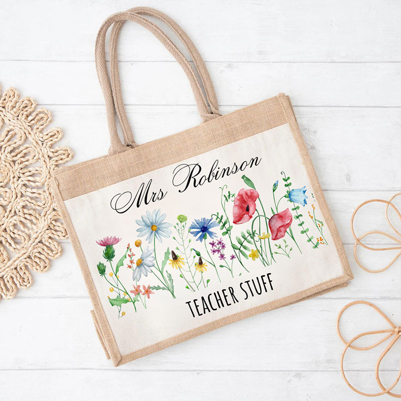 Personalized Flower Teacher Stuff Teacher Jute Lunch Bag