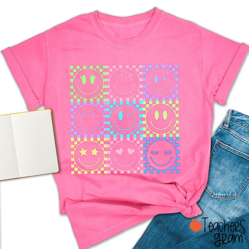 Neon Summer Smiley Teacher T-Shirt