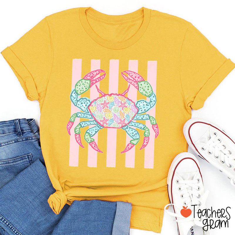 Summer Crab Watercolor Stripes Teacher T-Shirt