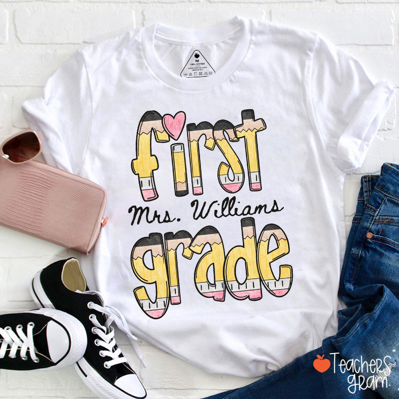 Personalized Pencil Pattern Of Grade And Name Teacher T-Shirt