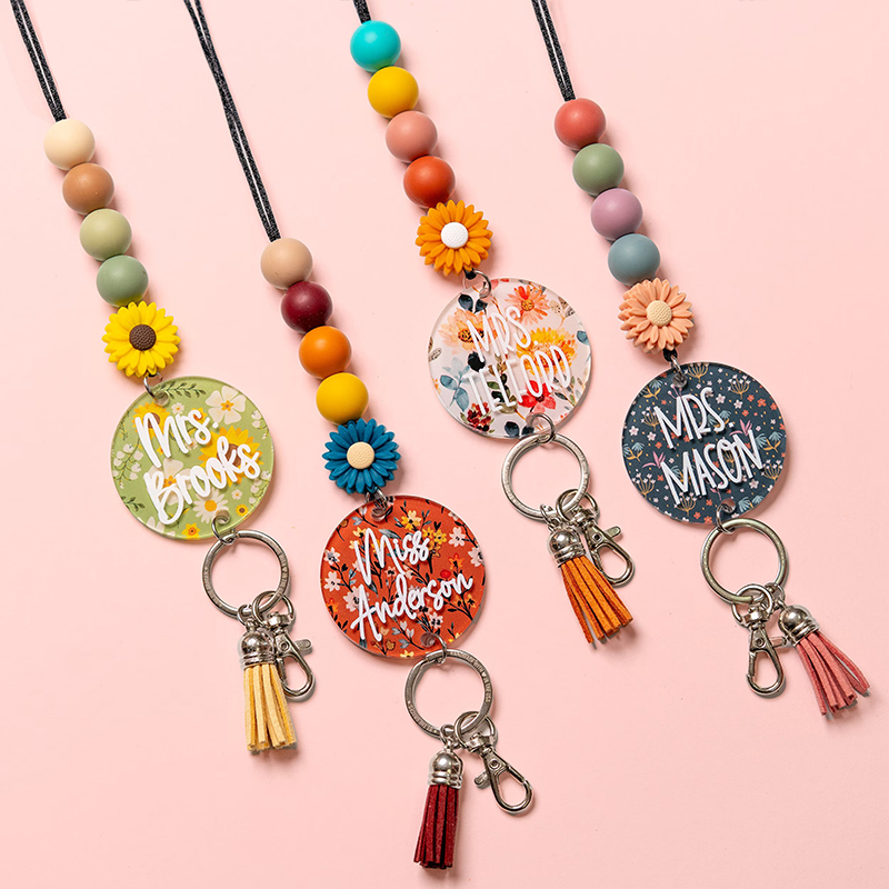 Personalized Name Fall Floral Teacher Lanyard