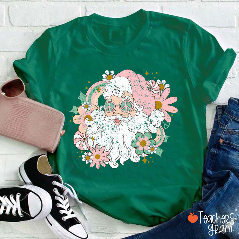 Floral Santa Merry Christmas Teacher T-Shirt