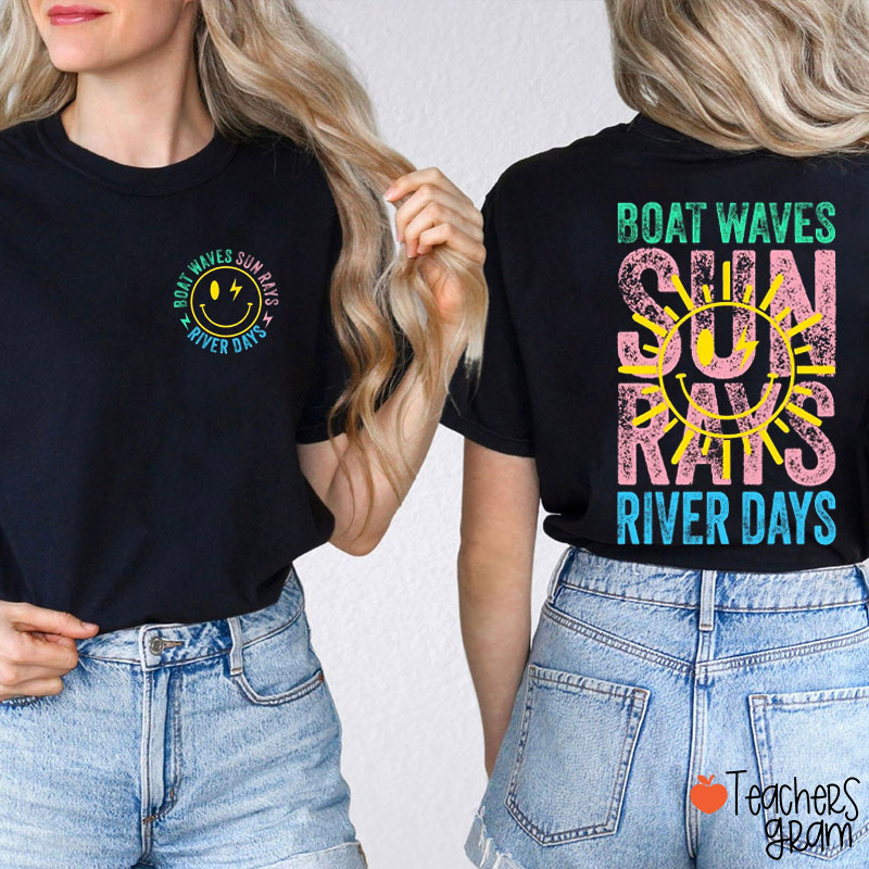 Boat Waves Sun Rays River Days Teacher Two Sided T-Shirt