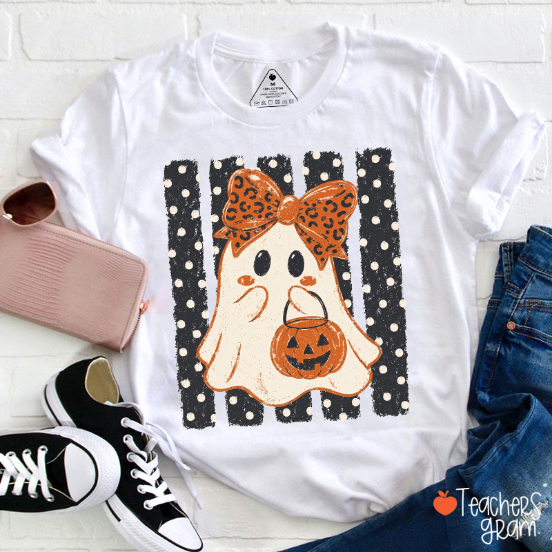 Leopard Bow Ghost Trick Or Treat Teacher T-Shirt