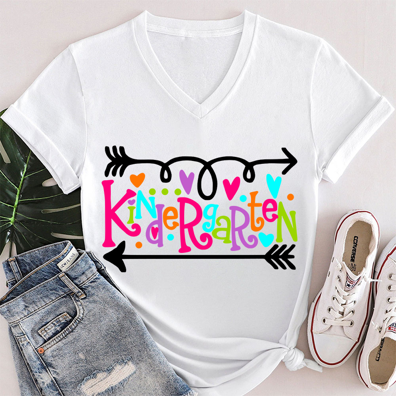 Personalized Grade Curly Font Teacher Female V-Neck T-Shirt