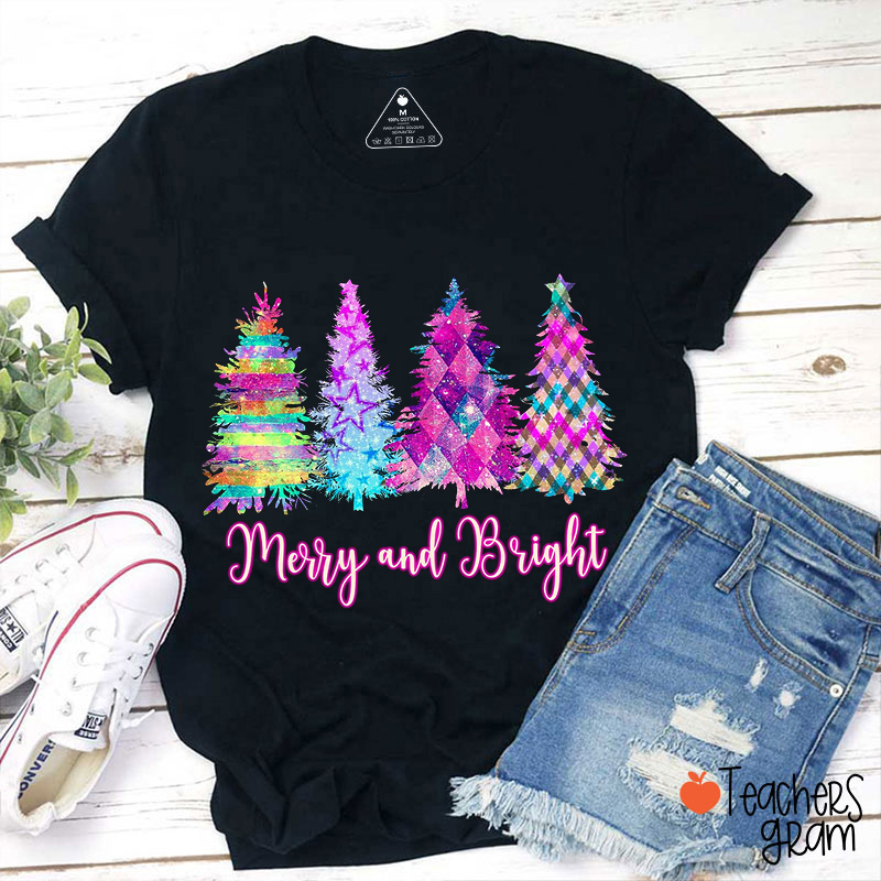 Merry And Bright Colorful Christmas Tree Teacher T-Shirt