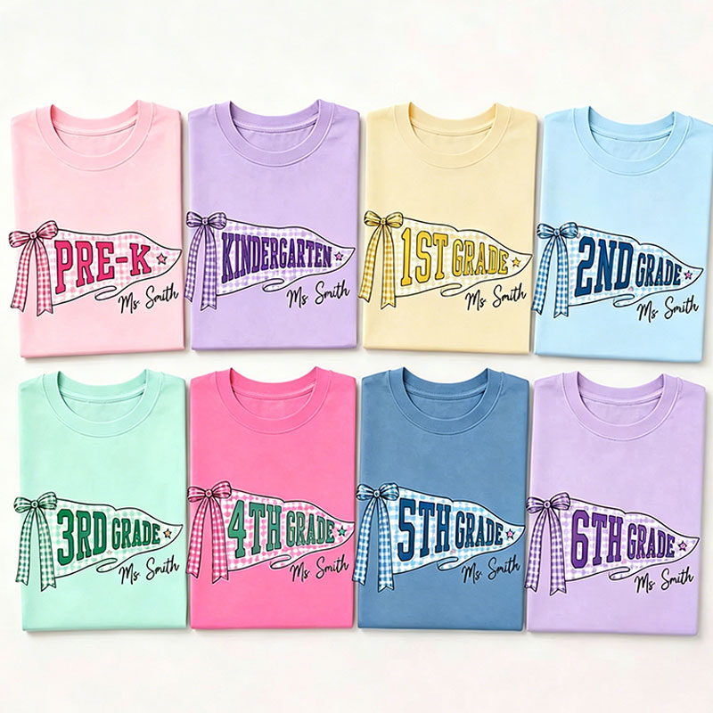 Personalized Grade And Name Gingham Bow Pennant Teacher T-Shirt