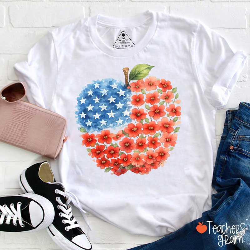 Apple USA Flag Floral Teacher T-Shirt