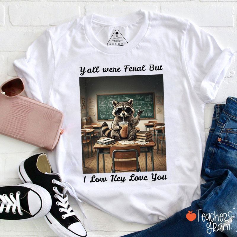Meme Raccoon Y'all Were Feral But I Low Key Love You Teacher T-Shirt