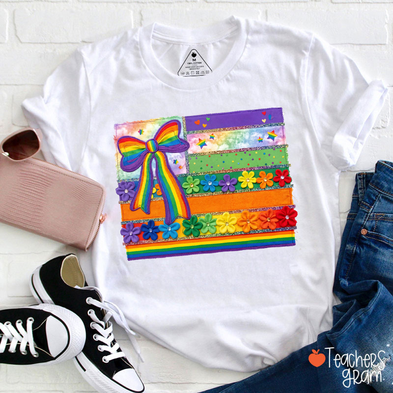Faux Patchwork Pride Flag Teacher T-Shirt