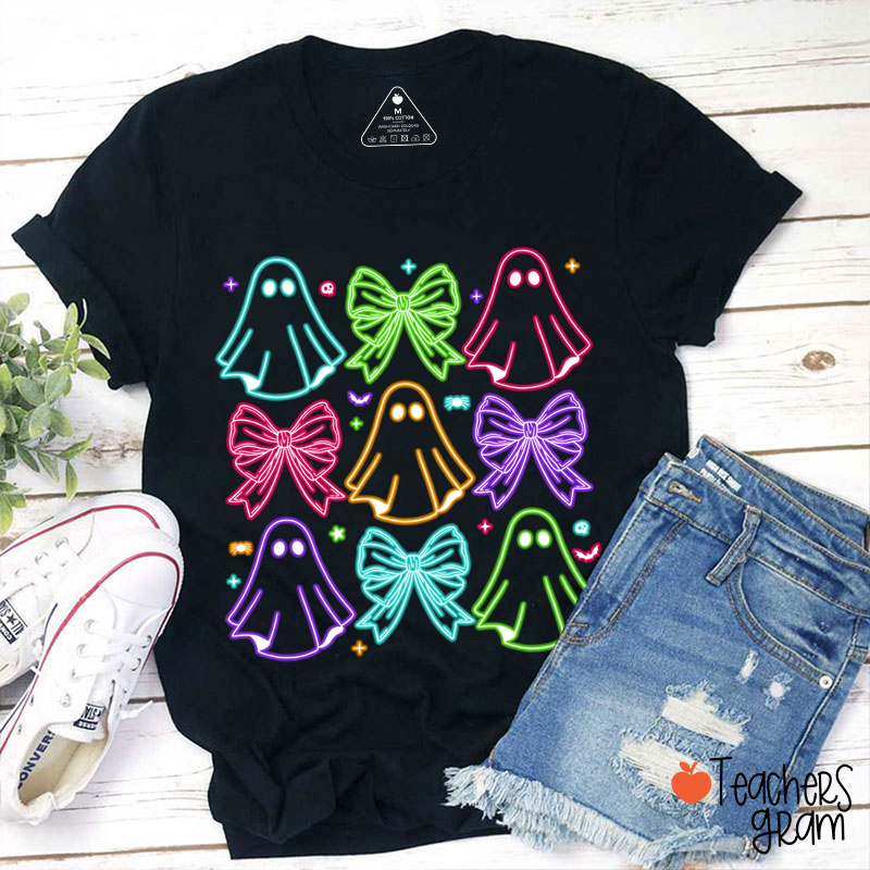 Colorful Neon Bow Ghost Teacher T-Shirt