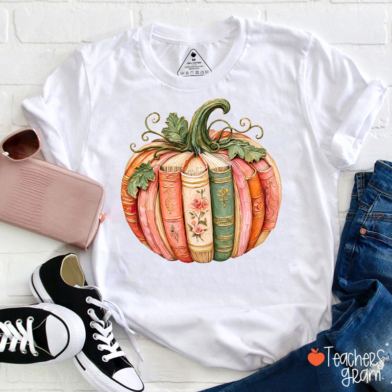 Vintage Book Pumpkin Fall Reading Book Lover Teacher T‑Shirt
