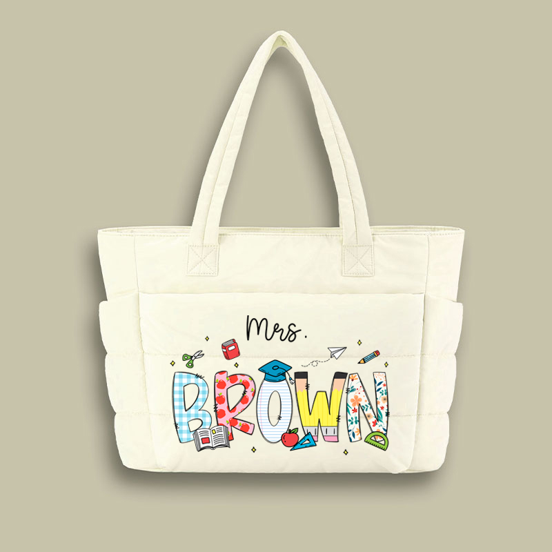 Personalized Name Cartoon Stationery Teacher Puffy Tote Bag