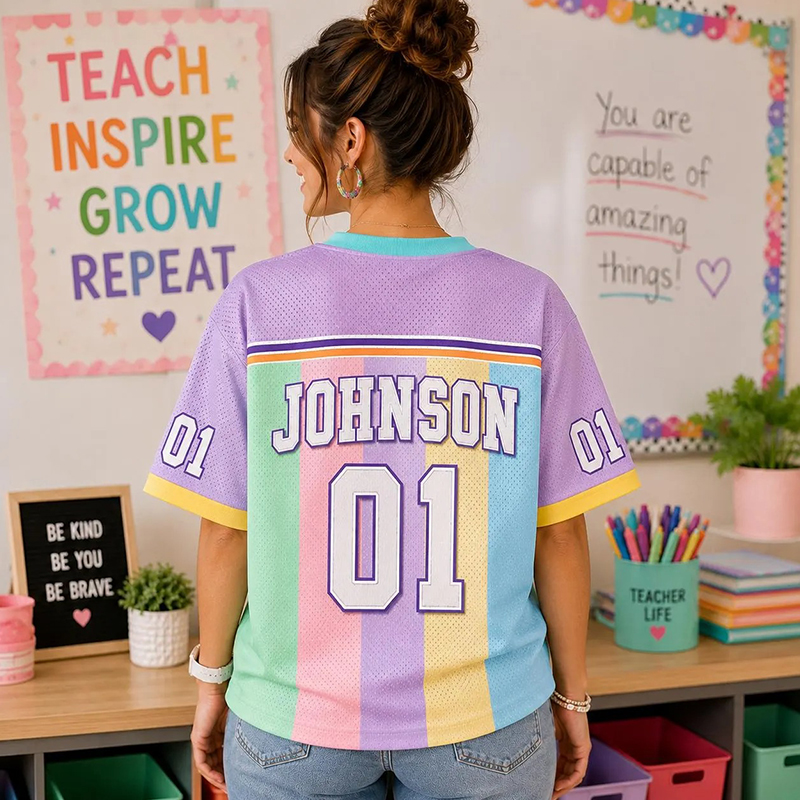 Personalized Grade And Name Preppy Rainbow Vertical Stripes First Day Teacher Mesh Jersey