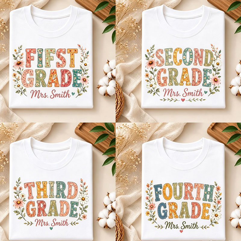 Personalized Grade And Name Wildflowers Teacher T-Shirt