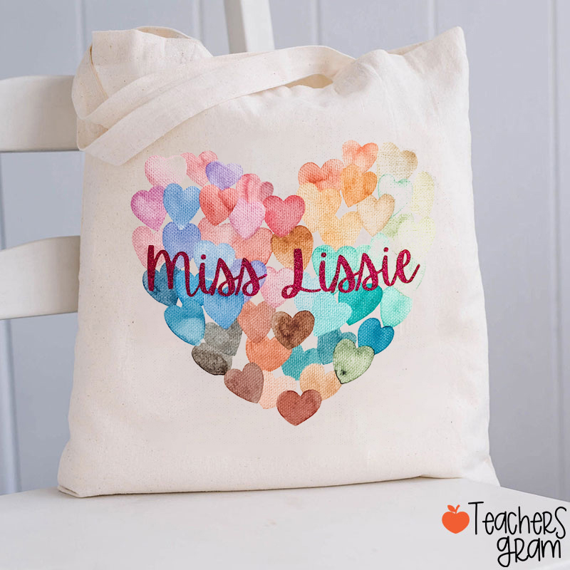 Personalized Name Watercolor Hearts Teacher Tote Bag