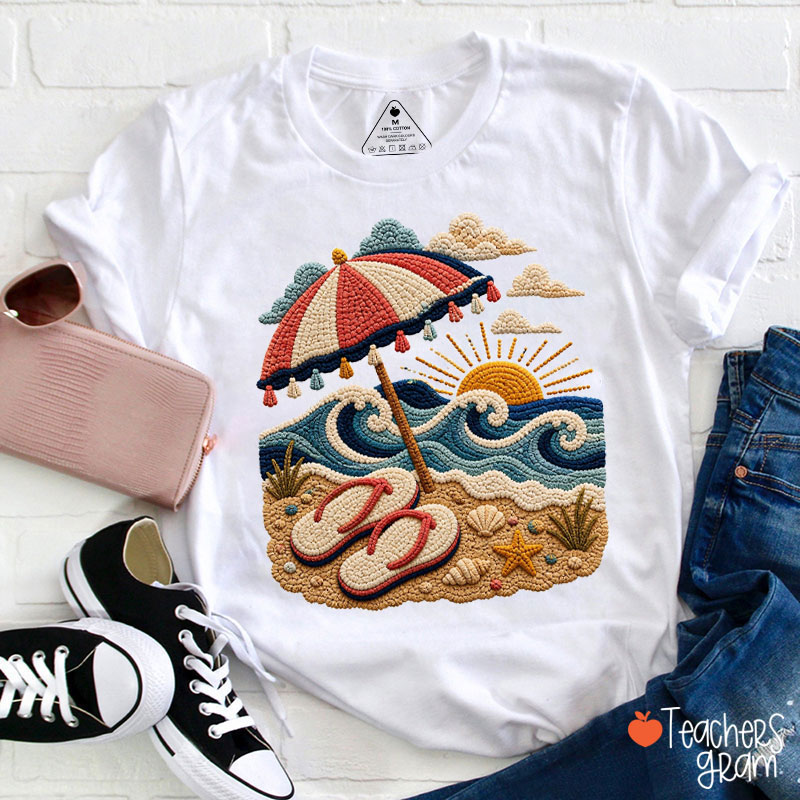 Faux Embroidery Beach Sunset Teacher T-Shirt