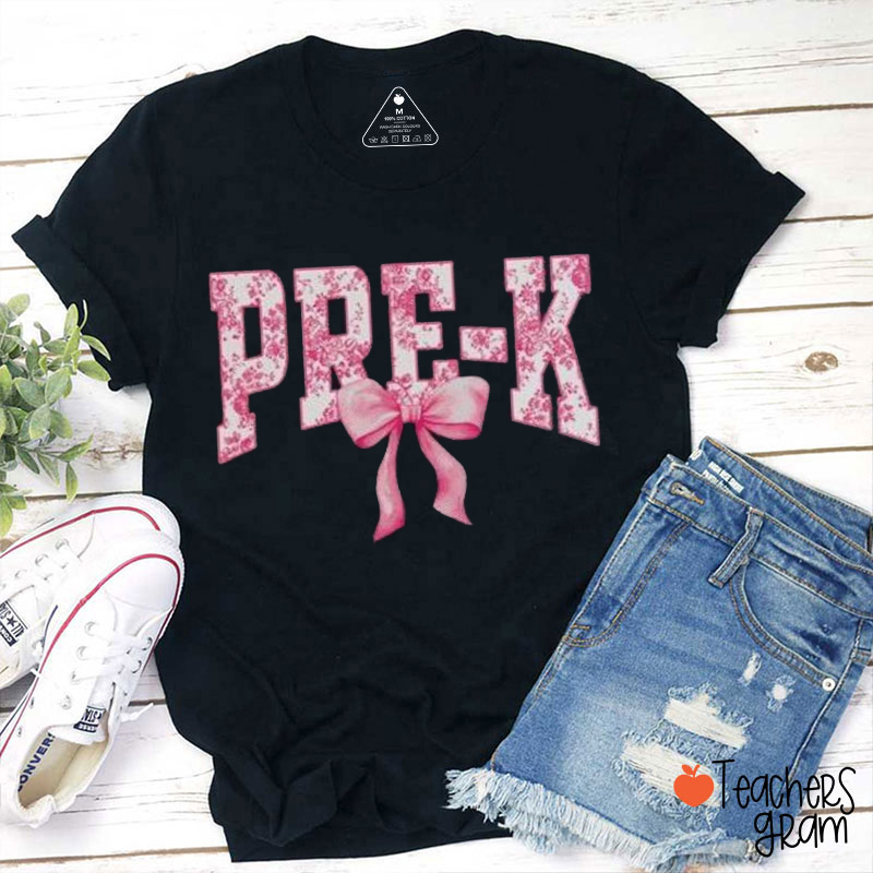 Personalized Grade Pink Flower Bow Teacher T-Shirt