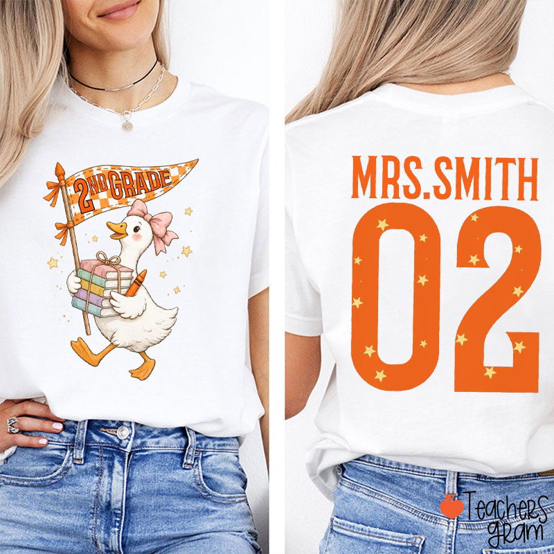 Personalized Grade Name Silly Goose Pennant Teacher Two Sided T-Shirt