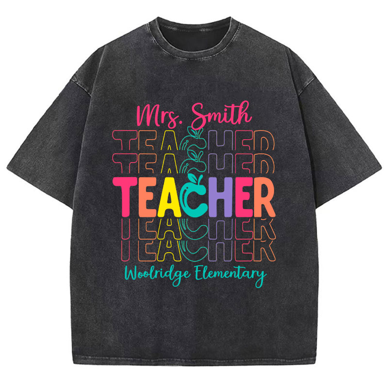 Personalized Colorful Apple Teacher Washed T-Shirt