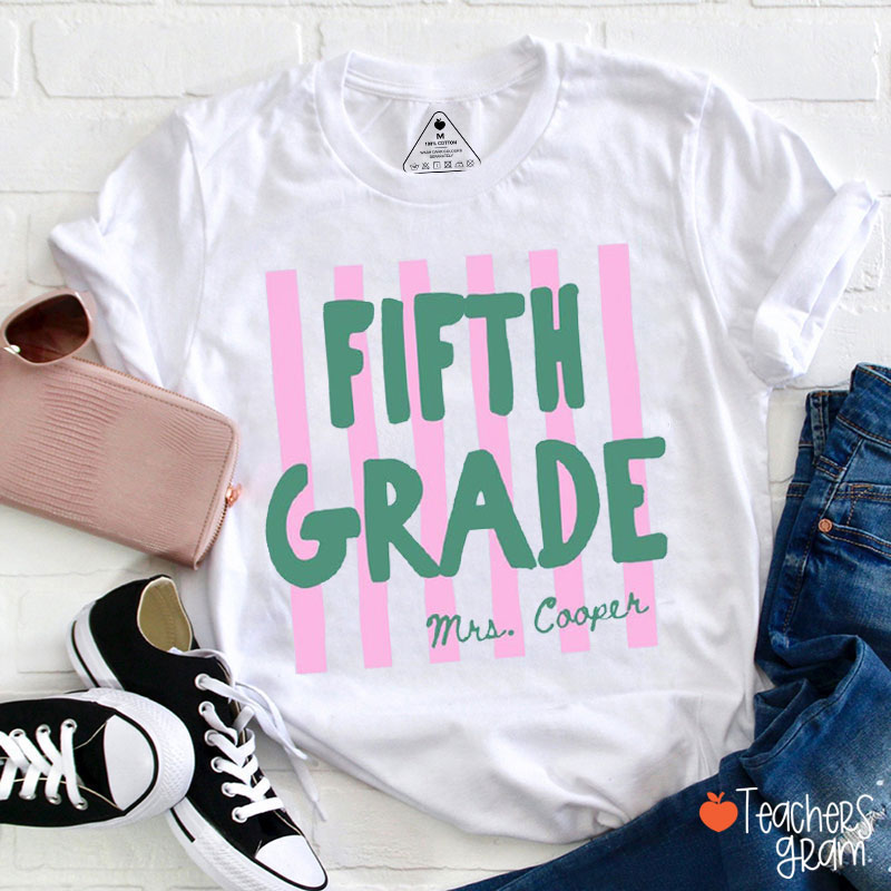 Personalized Grade And Name Pink Stripes Teacher T-Shirt