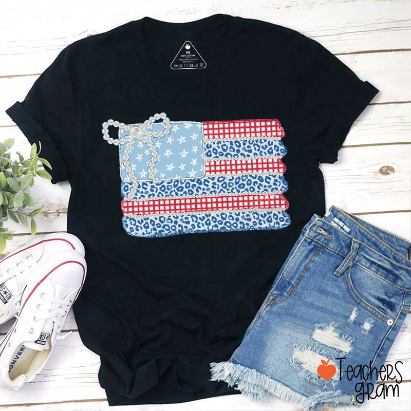 Faux Patchwork American Flag Pearl Bow Teacher T-Shirt