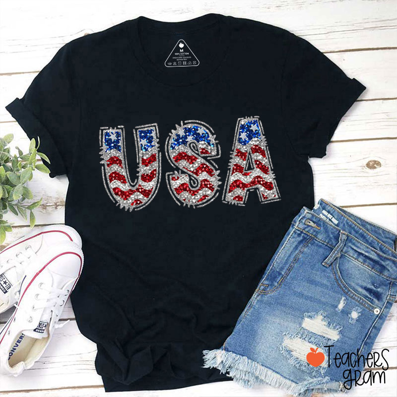 Stars And Stripes Glitter USA Teacher T-Shirt