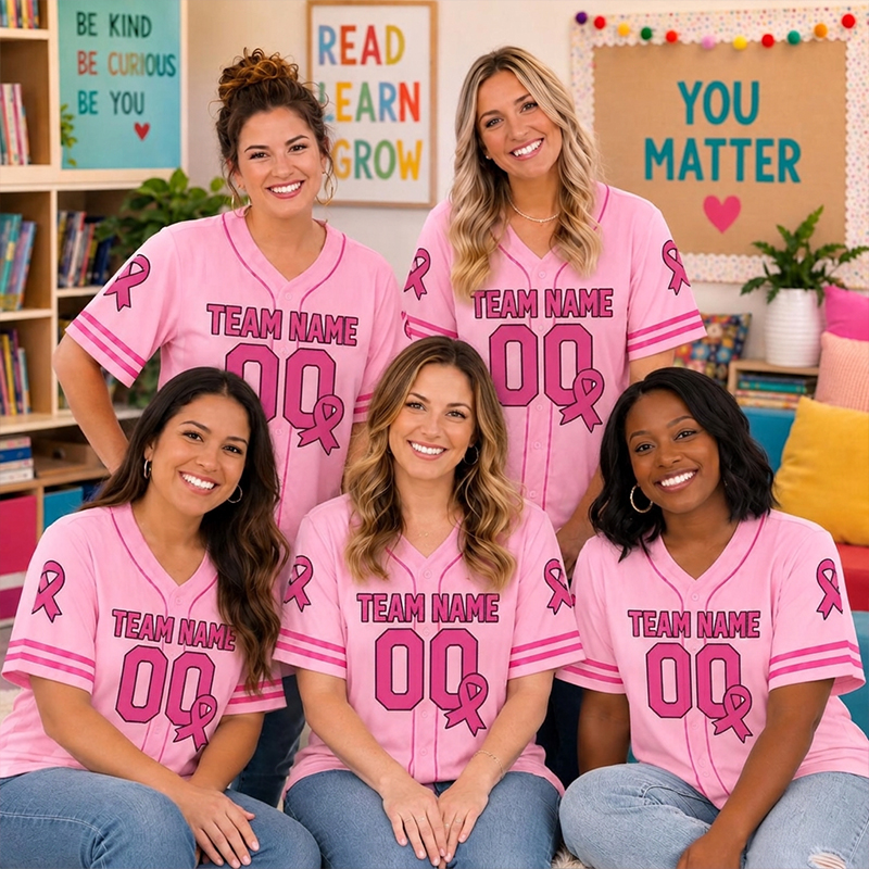 Personalized Name Number Pink Ribbon Decor Teacher Baseball Jersey