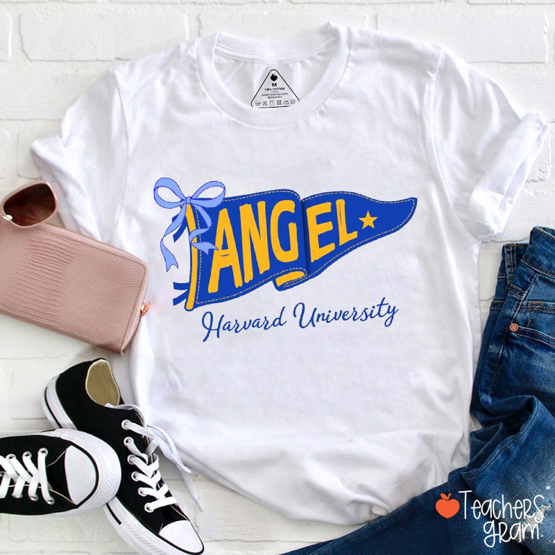 Personalized Mascot And School Name Pennant Bow Teacher T-Shirt