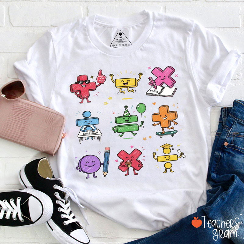 Math Symbols Cartoon Teacher T‑Shirt