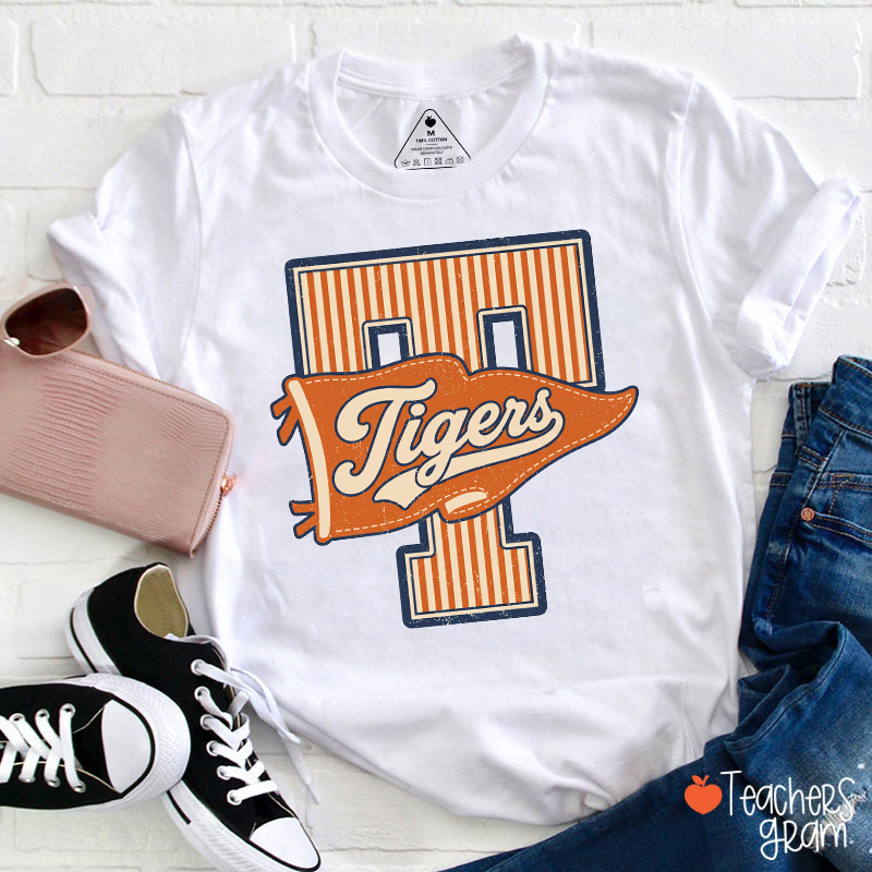 Personalized Mascot Sport Striped Varsity Pennant Teacher T‑Shirt
